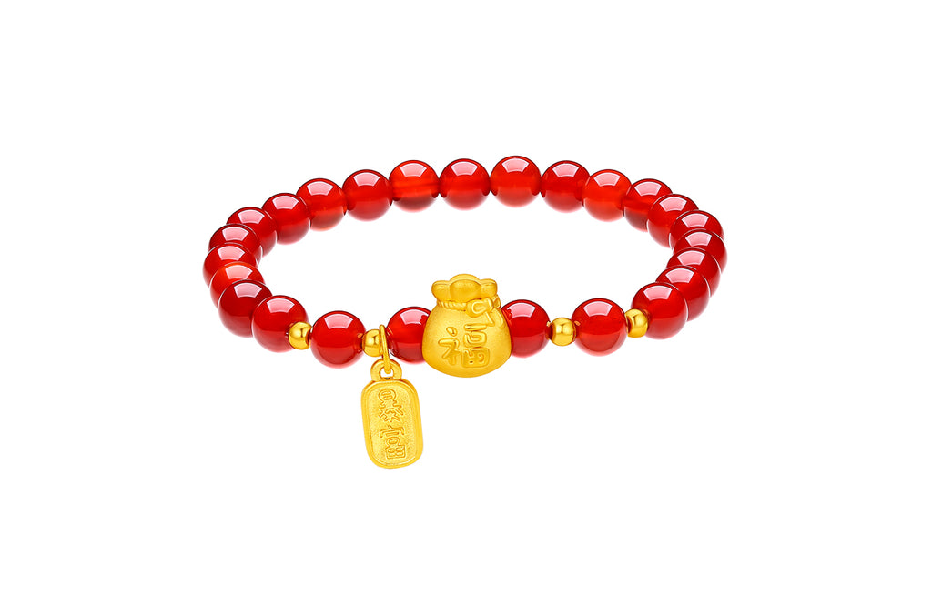 24K Gold Beaded Bracelet Agate 6-6.5mm Fortune Bag 1.4-1.7g A1910699
