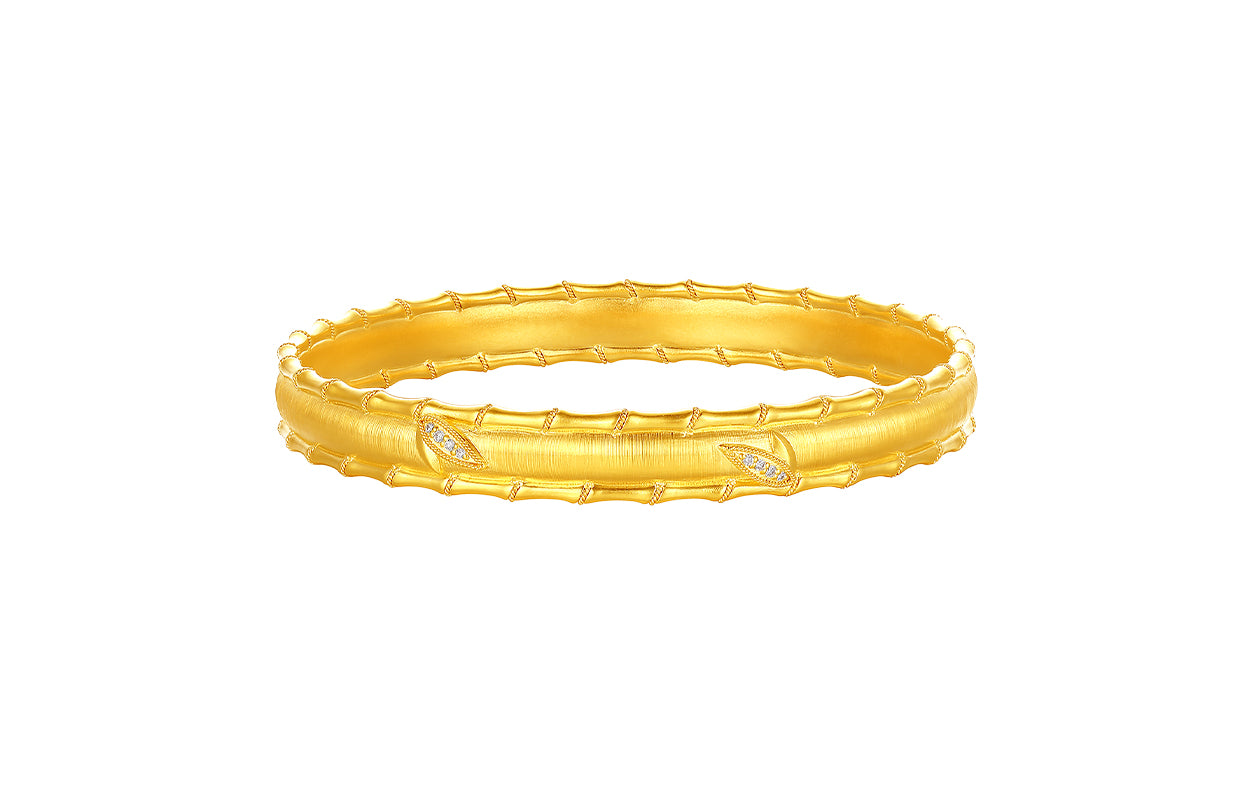 "Chinese Culture Collection - Dan Qing" 24K Gold Bangle Bracelet Diamond 0.005ct Bamboo 44-52g W1036271