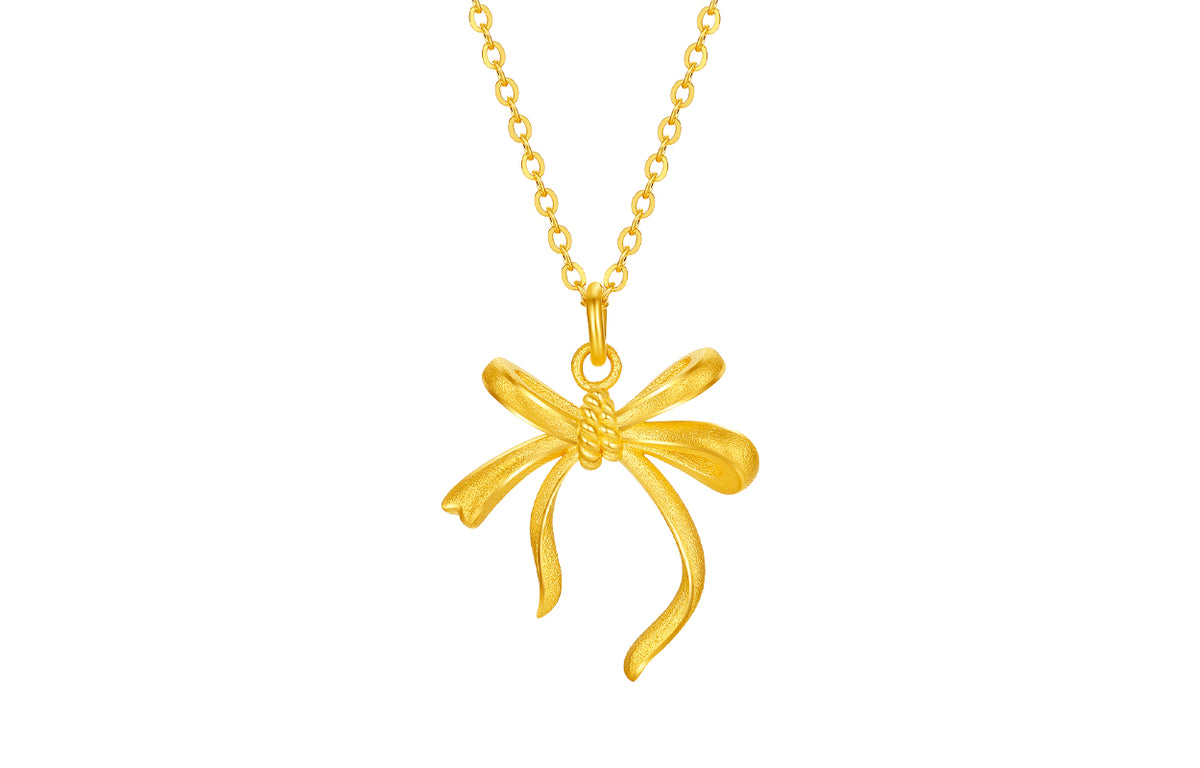 999 24K Gold Pendant Necklace Bow 3.48-3.88g A0614057