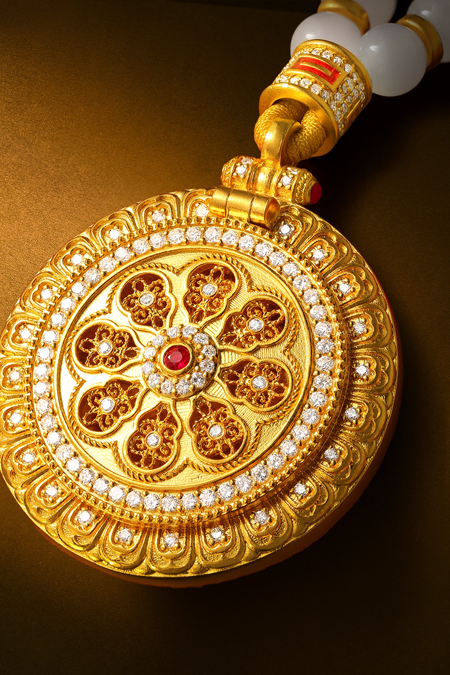"Chinese Culture Collection - Dan Qing" 24K Gold Pendant Necklace Braided Rope Hetian Jade 5-5.5mm Diamond 0.0036ct Ruby 0.003ct 32.3-37.3g Y0636325