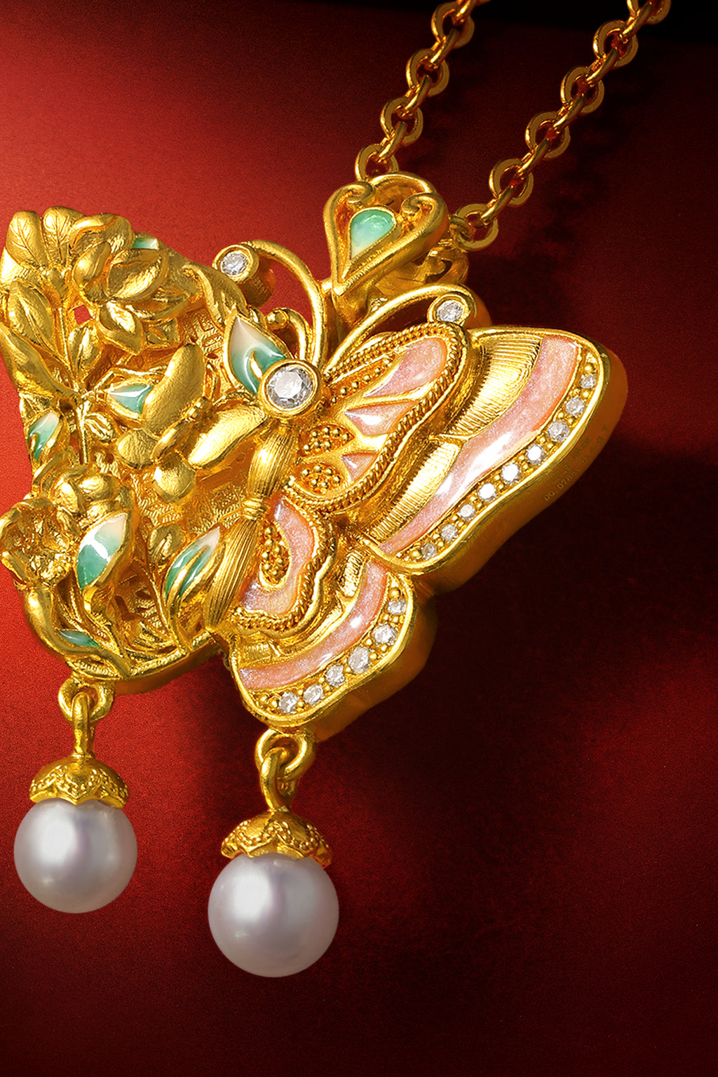 "Chinese Culture Collection - Dan Qing" 24K Gold Pendant Necklace Diamond 0.004ct Pearl 3.5-4mm Butterfly 14.8-17.8g W0636728