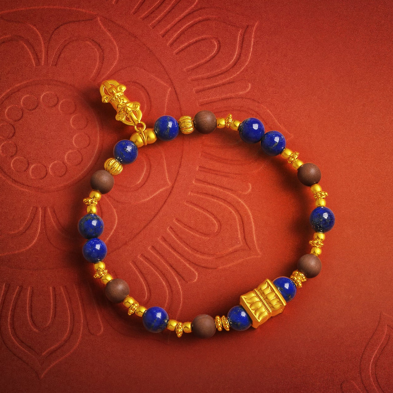 "Jiuhua Mountain" 24K Gold Beaded Bracelet Lapis Lazuli Sandalwood Bead Vajra J1915267