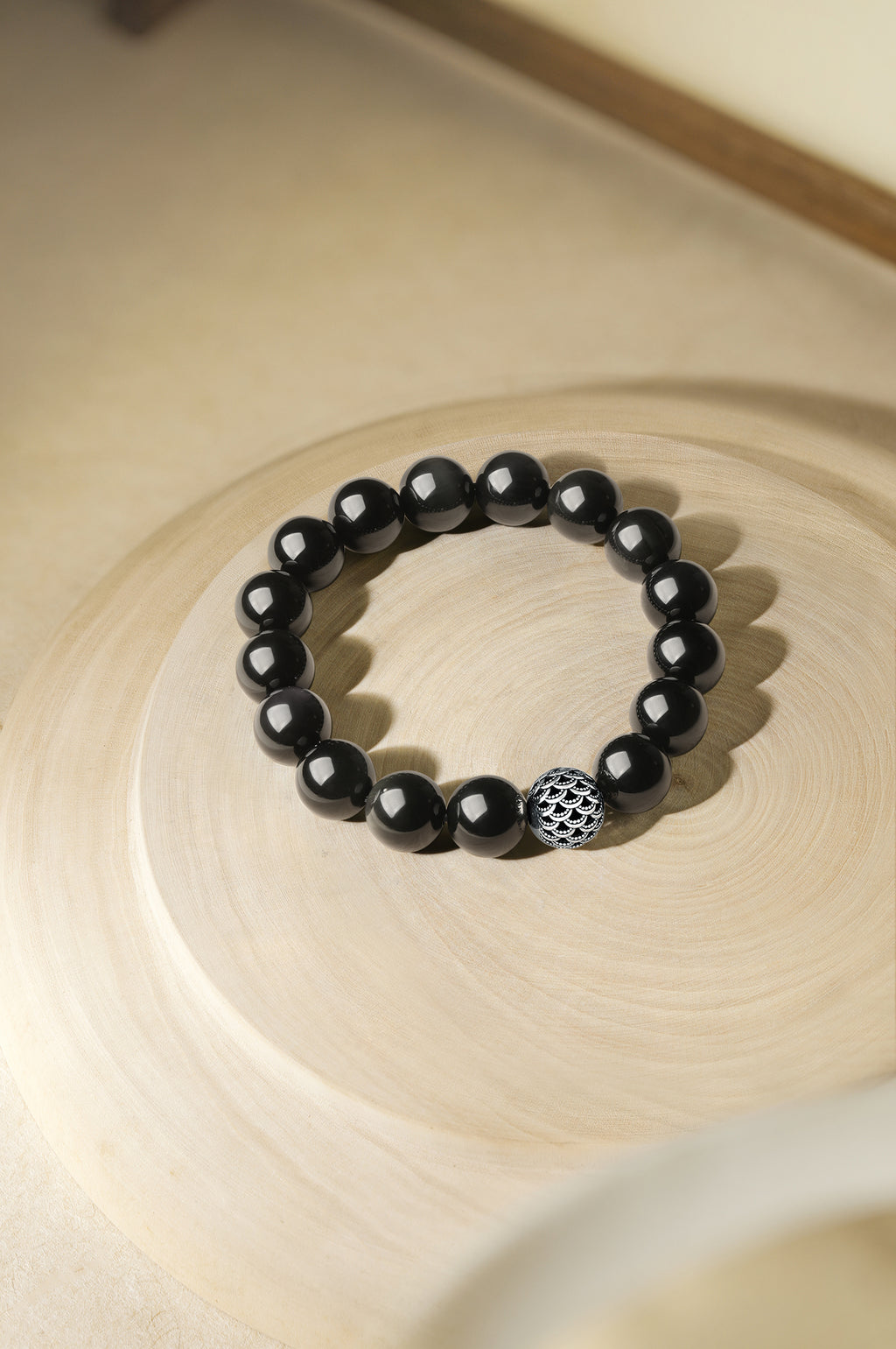 ZHOU LIU FU 13mm Chunky Black Obsidian Beaded Stretch Bracelet for Men, 925 Sterling Silver Fish-Scale Bead Feng Shui Jewelry for Good Luck 7.9in J19116857