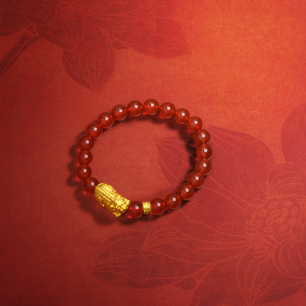 Jiuhua Mountain' 24K Gold Beaded Bracelet Agate Ksitigarbha's Mount Diting A1915261