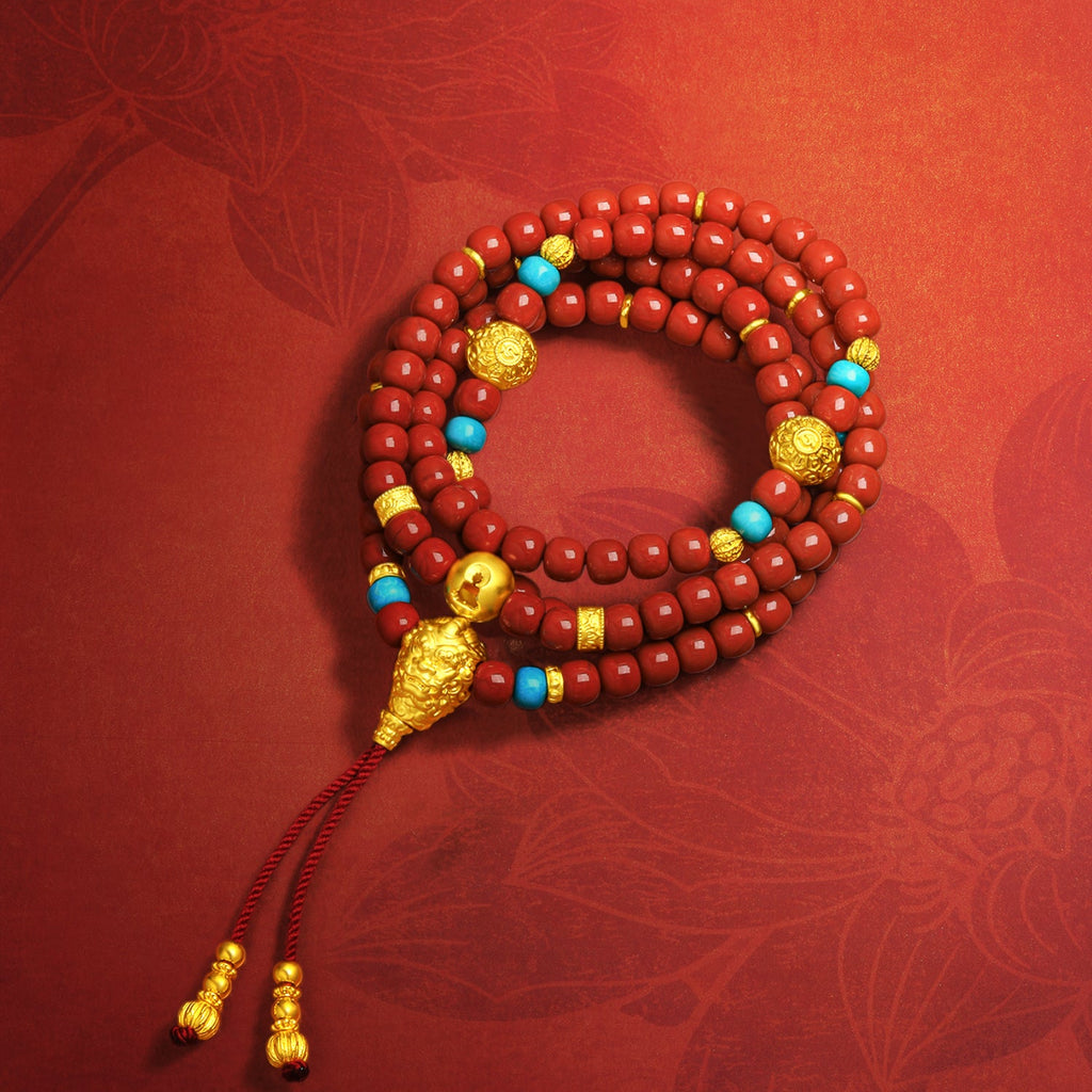 Jiuhua Mountain' 24K Gold Beaded Bracelet Agate Turquoise Ksitigarbha's Implements J1915265