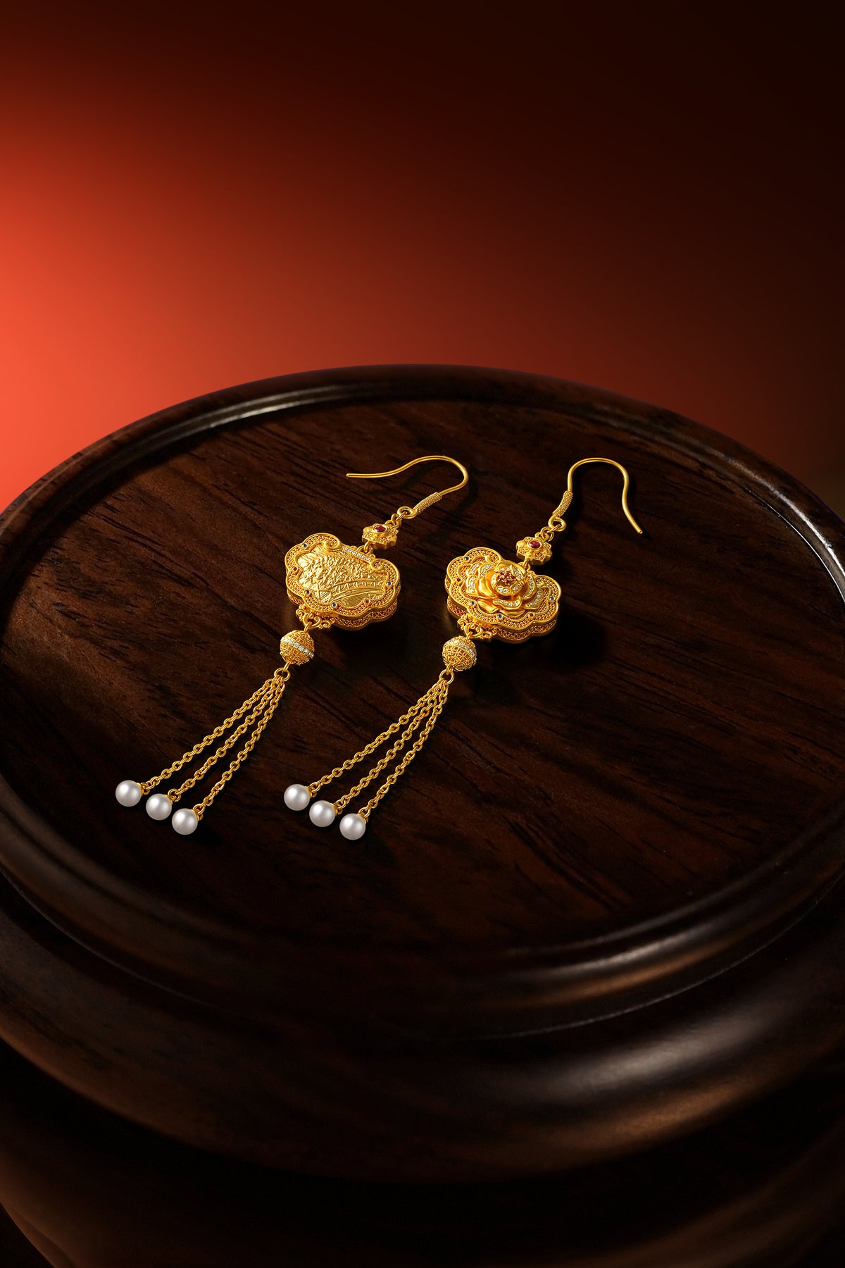 "Chinese Culture Collection - Dan Qing" 999 24K Gold Earrings Diamond 0.0024ct Ruby 0.0089ct Aquamarine 3.8-4.3mm Ruyi 25-31g W0950046