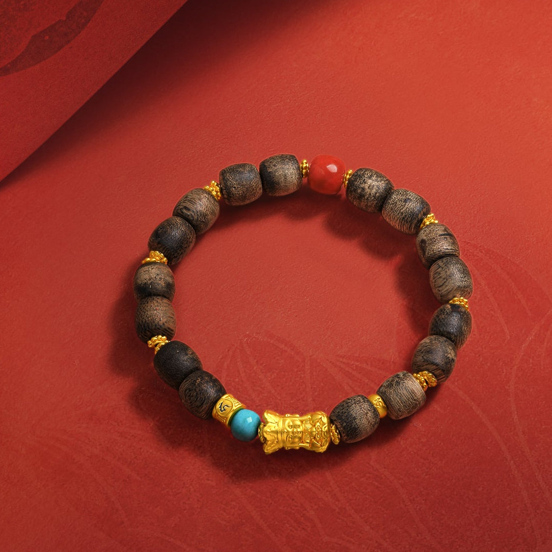 Jiuhua Mountain' 24K Gold Beaded Bracelet Agate Turquoise Agarwood Ksitigarbha Bodhisattva J1915273