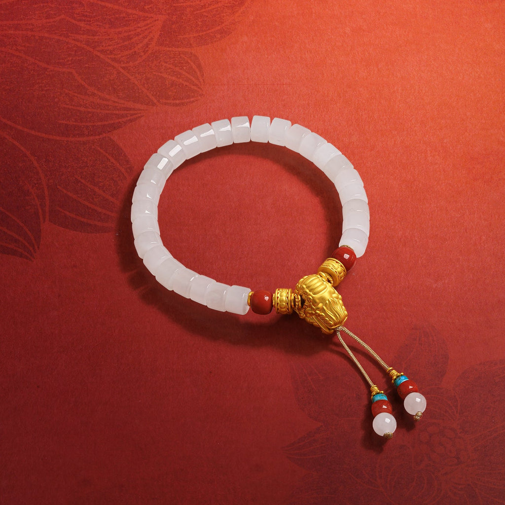Jiuhua Mountain' 24K Gold Beaded Bracelet Heitian Jade Agate Ksitigarbha's Implements Y1915292
