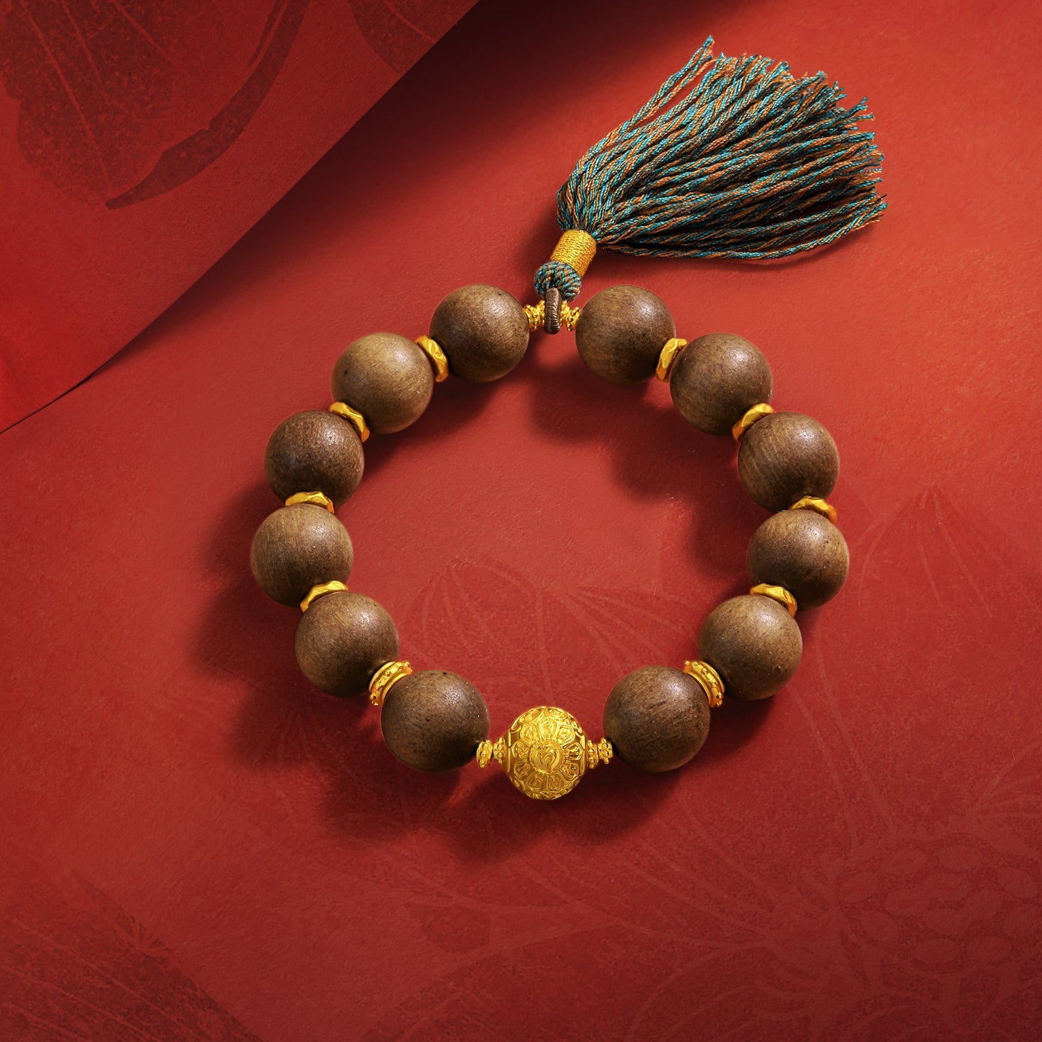 "Jiuhua Mountain" 24K Gold Beaded Bracelet Sandalwood Beads Buddhist Scripture A1915269