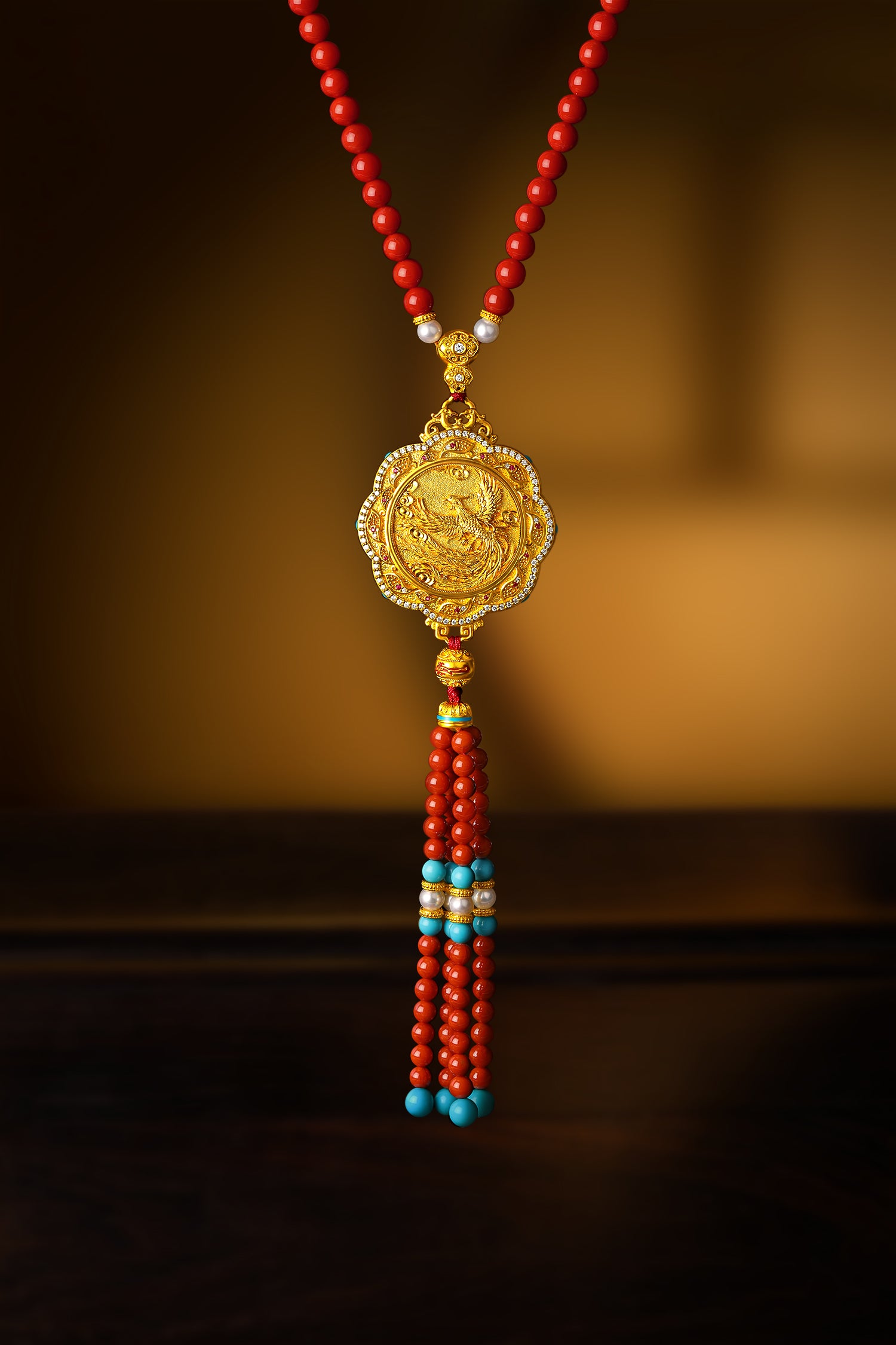 "Chinese Culture Collection - Dan Qing" 24K Gold Pendant Necklace Braided Rope Agate 3-5.5mm Diamond 0.05ct 0.0024-0.0045 Dragons & Phoenixes 56-64.5g J0636327