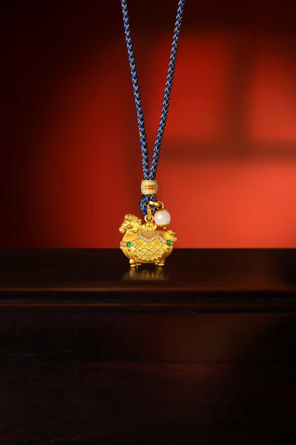 "Chinese Culture Collection - Dan Qing" 24K Gold Pendant Braided Rope Diamond 0.0024ct Hetian Jade 5.8-6.3mm    Horse 15.5-18g W0436250