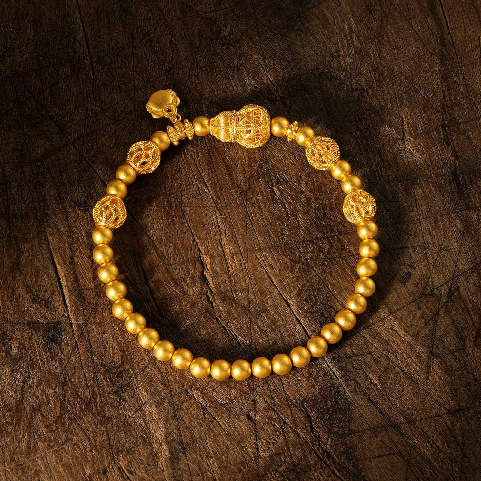 "Chinese Culture Collection - Wood Carving"  24K Gold Beaded Bracelet  Gourd 5.17-7.17g A1949930