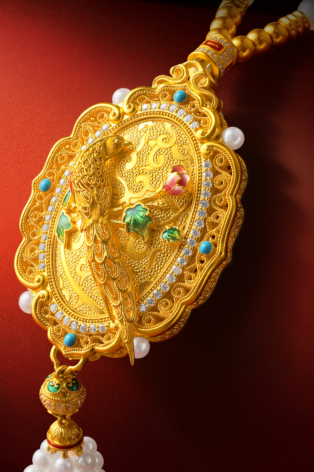 "Chinese Culture Collection - Dan Qing" 999 24K Gold String Pendant Necklace String Freshwater Pearl 3-5.5mm Diamond 0.0069ct Ruby 3-4.3mm Floral 55-62g X0650066