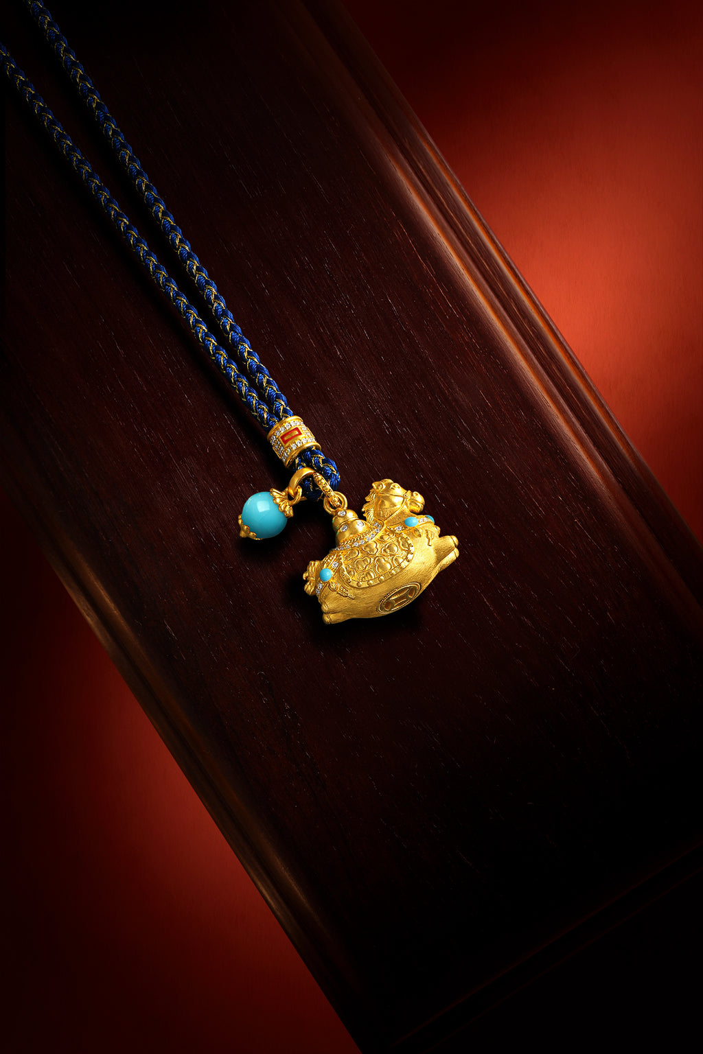 "Chinese Culture Collection - Dan Qing" 24K Gold Pendant Braided Rope Diamond 0.0024ct Turquoise 5.8-6.3mm   Horse 15-18g W0436252