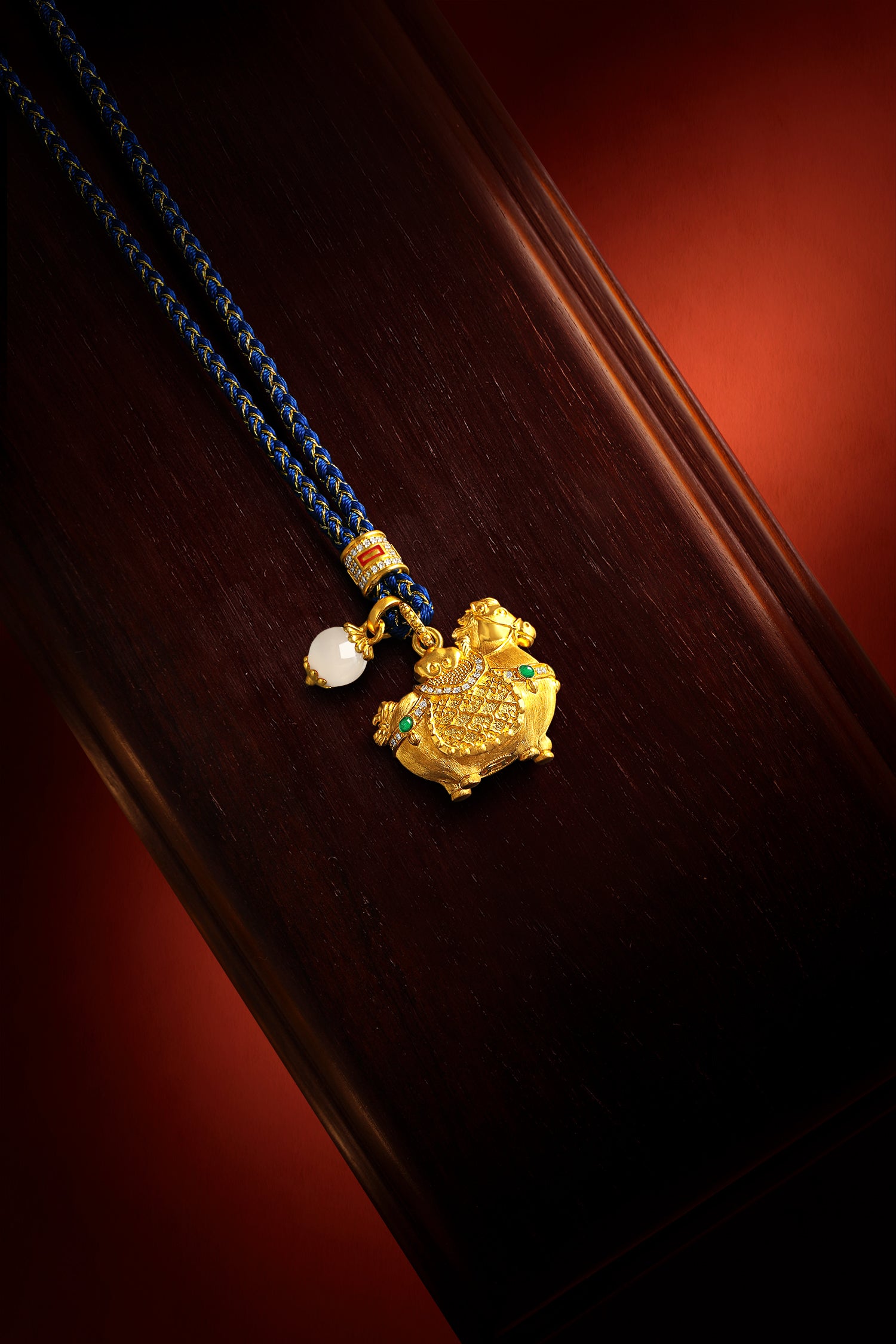 "Chinese Culture Collection - Dan Qing" 24K Gold Pendant Braided Rope Diamond 0.0024ct Hetian Jade 5.8-6.3mm    Horse 15.5-18g W0436250