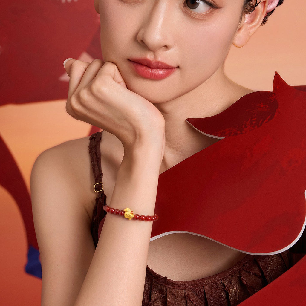 'Year of the Horse' 24K Gold Beaded Bracelet Agate Horse Coin 0.7-1g 17cm A1916283