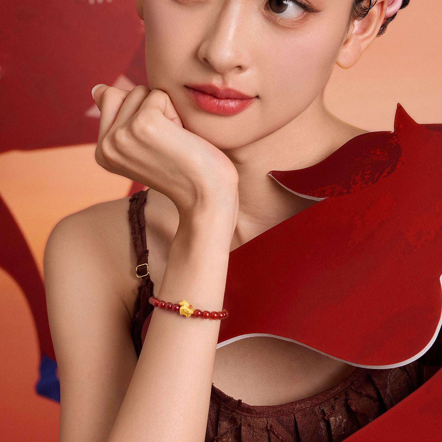 'Year of the Horse' 24K Gold Beaded Bracelet Agate Horse Coin 0.7-1g 17cm A1916283