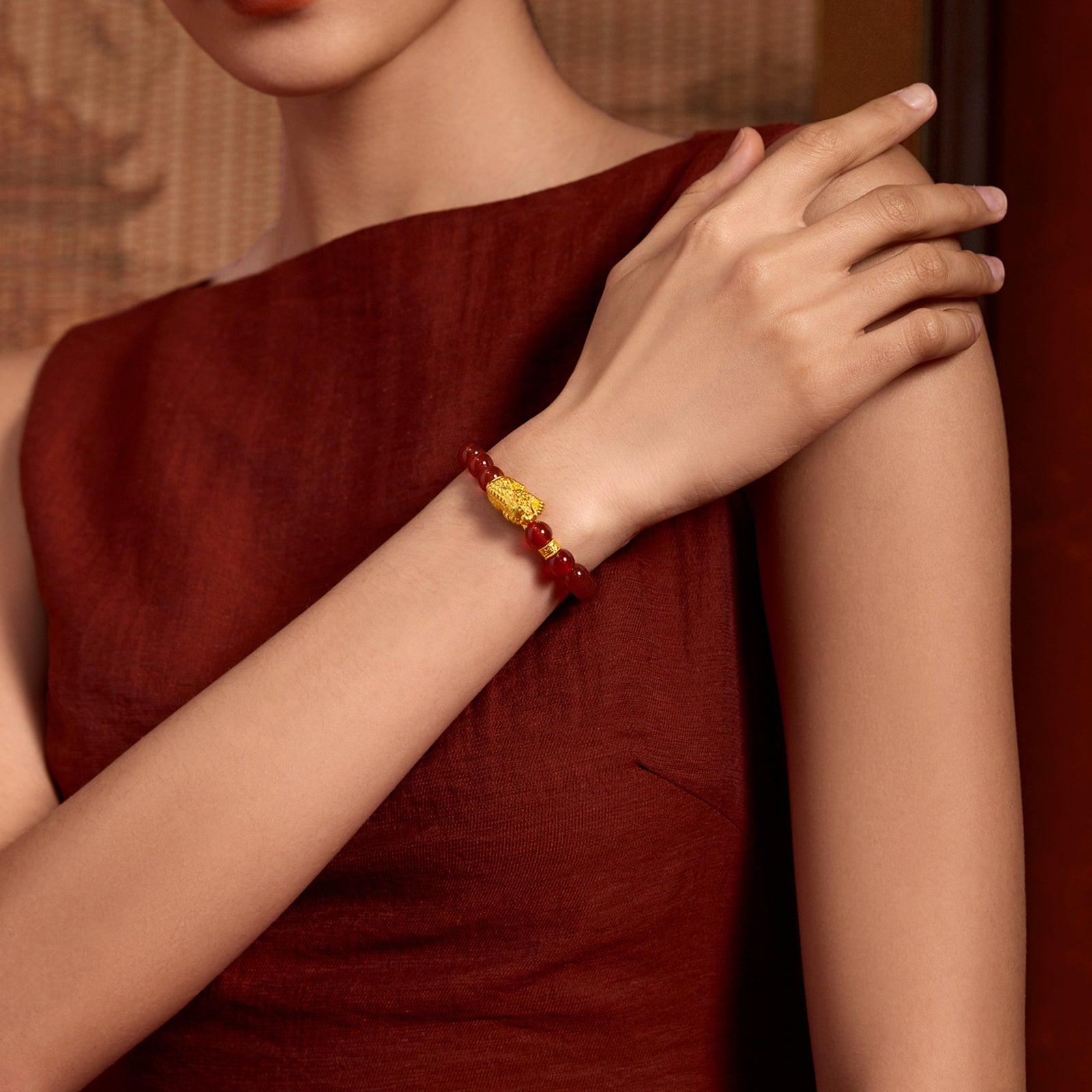 Jiuhua Mountain' 24K Gold Beaded Bracelet Agate Ksitigarbha's Mount Diting A1915261