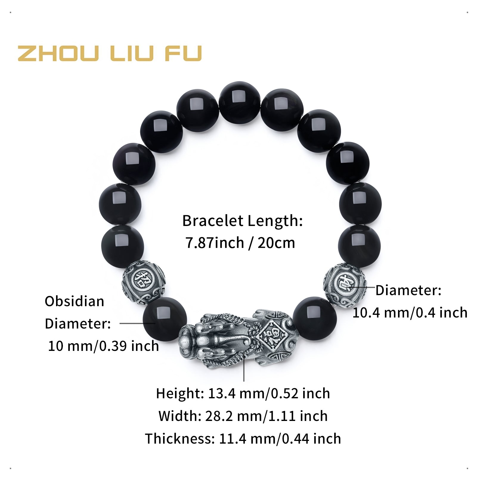 S925 Sterling Silver Beaded Bracelet Obsidian Pixiu 3.8-4.8g 18cm/20cm J1914054