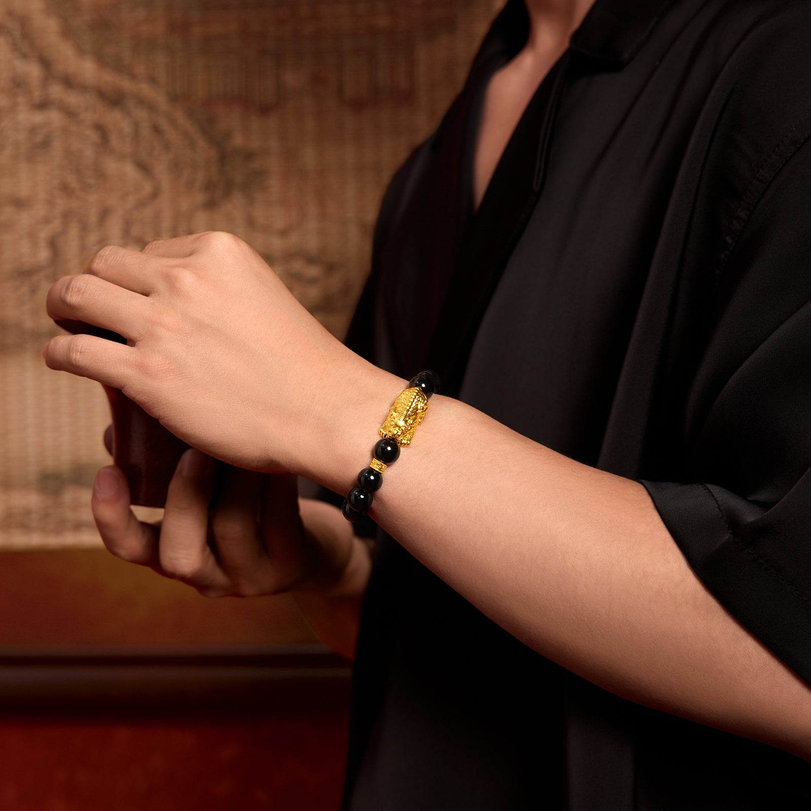 Jiuhua Mountain' 24K Gold Beaded Bracelet Agate Ksitigarbha's Mount Diting A1915262