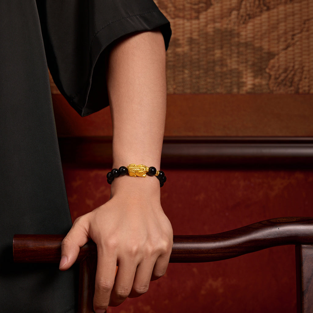 Jiuhua Mountain' 24K Gold Beaded Bracelet Agate Ksitigarbha's Mount Diting A1915262