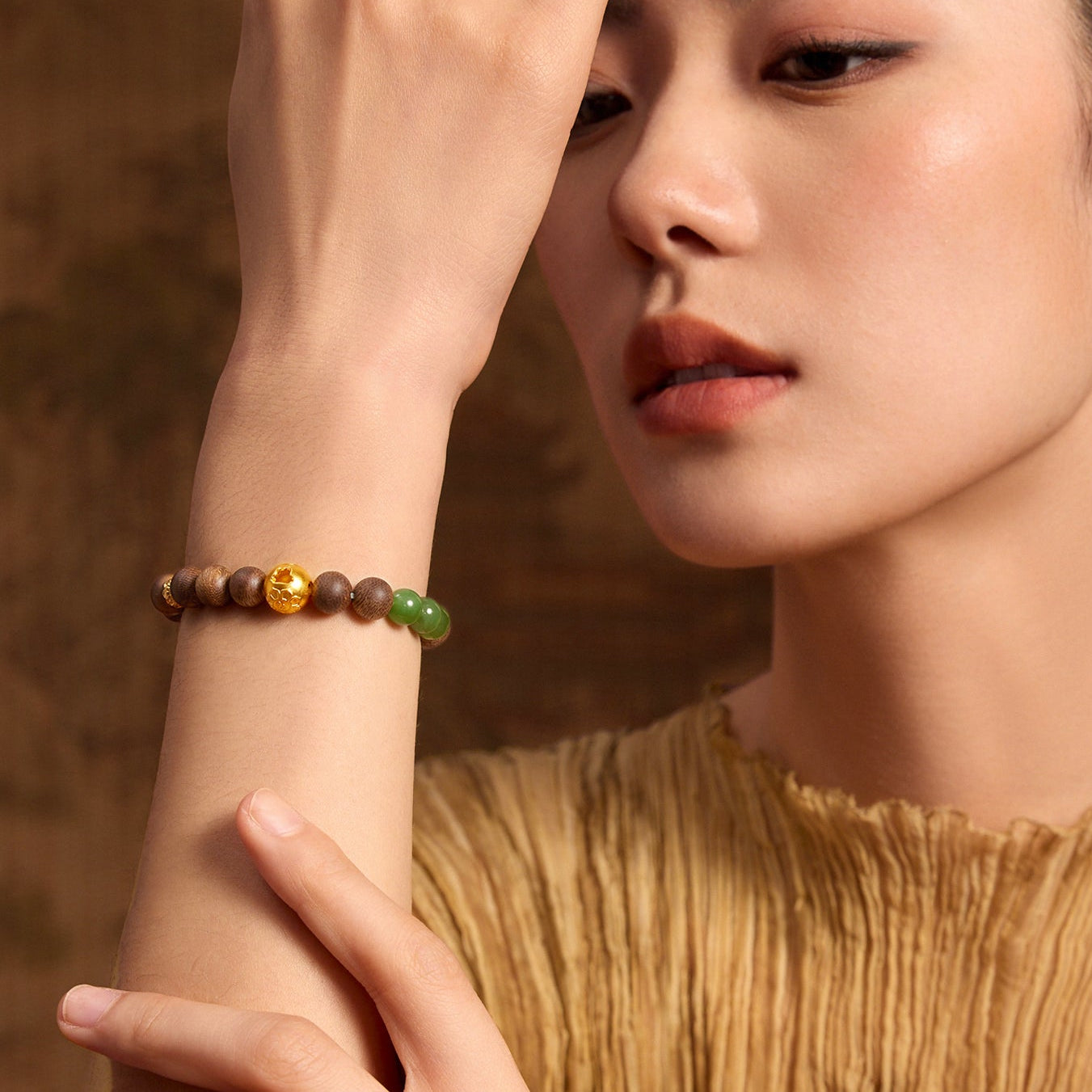 Jiuhua Mountain' 24K Gold Beaded Bracelet Heitian Jade Bodhi bead Ksitigarbha's Implements Y1915277