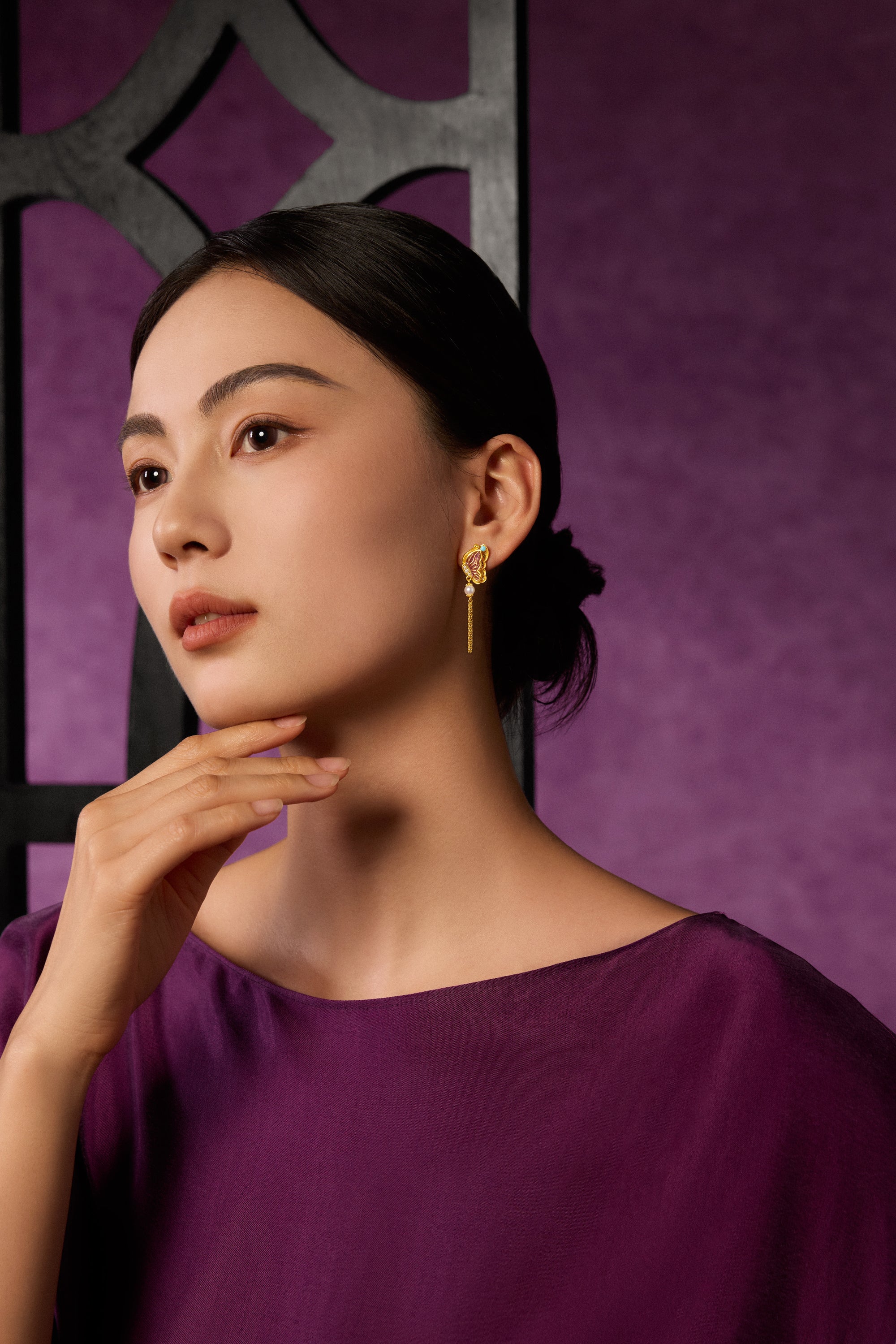 "Chinese Culture Collection - Dan Qing" 24K Gold Earrings Diamond 0.0093ct Pearl 4-4.5mm Butterfly 6.3-8.3g W0936729