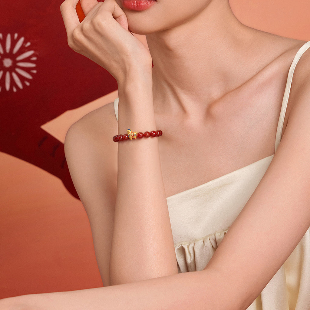 'Year of the Horse'  24K Gold Beaded Bracelet Agate Horse 0.87-1.17g 17cm A1920841