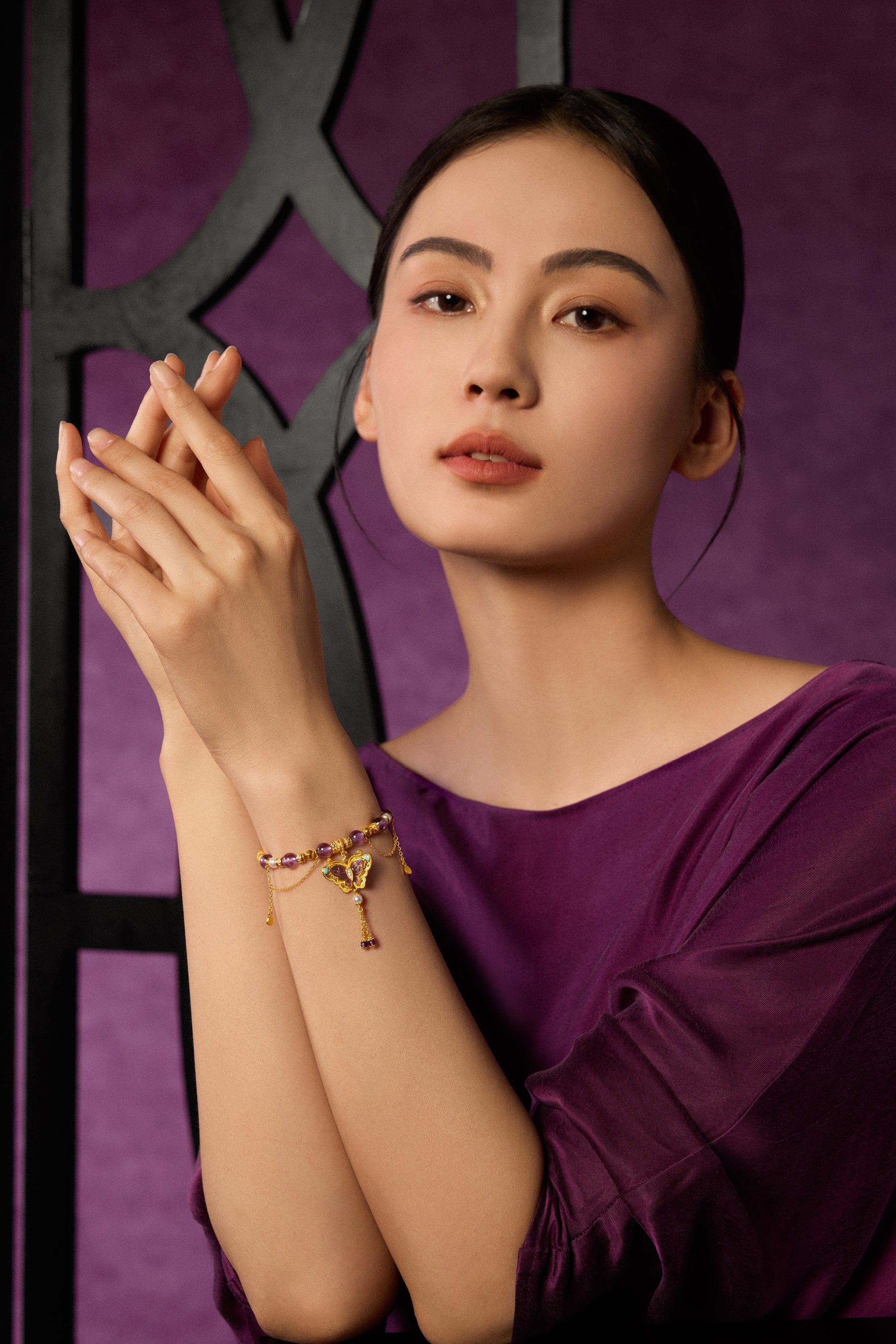 "Chinese Culture Collection - Dan Qing" 24K Gold Beaded Bracelet Amethyst 6-6.5mm Diamond 0.0031ct 3.8-4.3mm Butterfly 19-23g J1940431