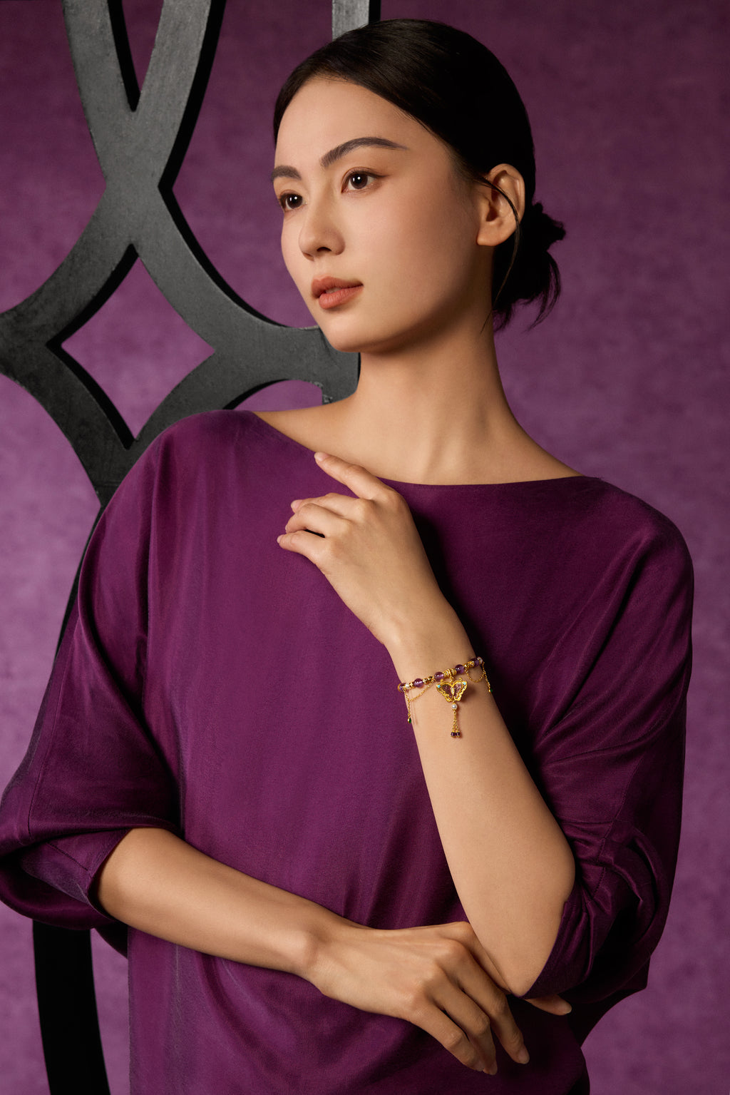 "Chinese Culture Collection - Dan Qing" 24K Gold Beaded Bracelet Amethyst 6-6.5mm Diamond 0.0031ct 3.8-4.3mm Butterfly 19-23g J1940431