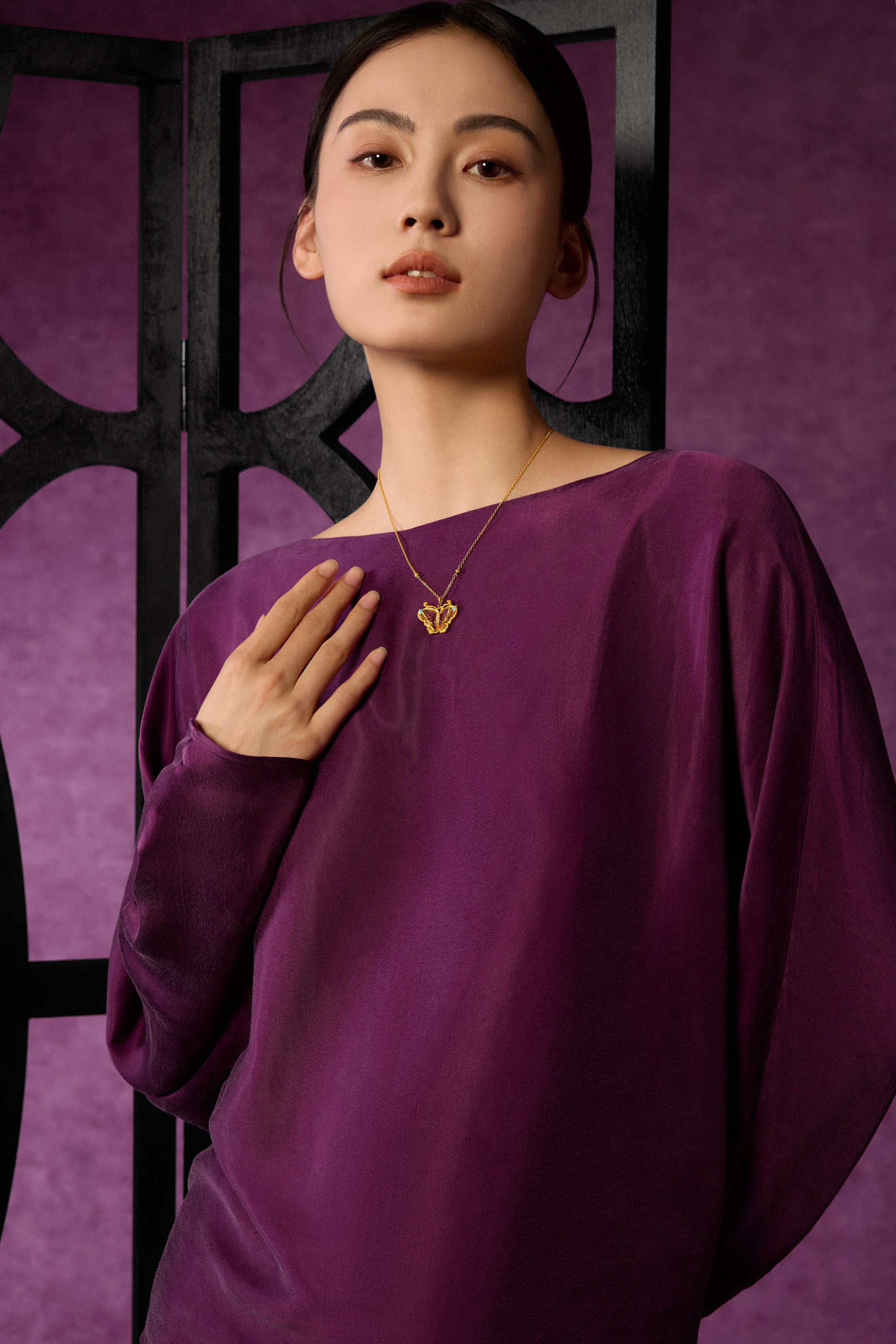 "Chinese Culture Collection - Dan Qing" 24K Gold Pendant Necklace Diamond 0.0084ct Butterfly 12.2-15.2g W0636617