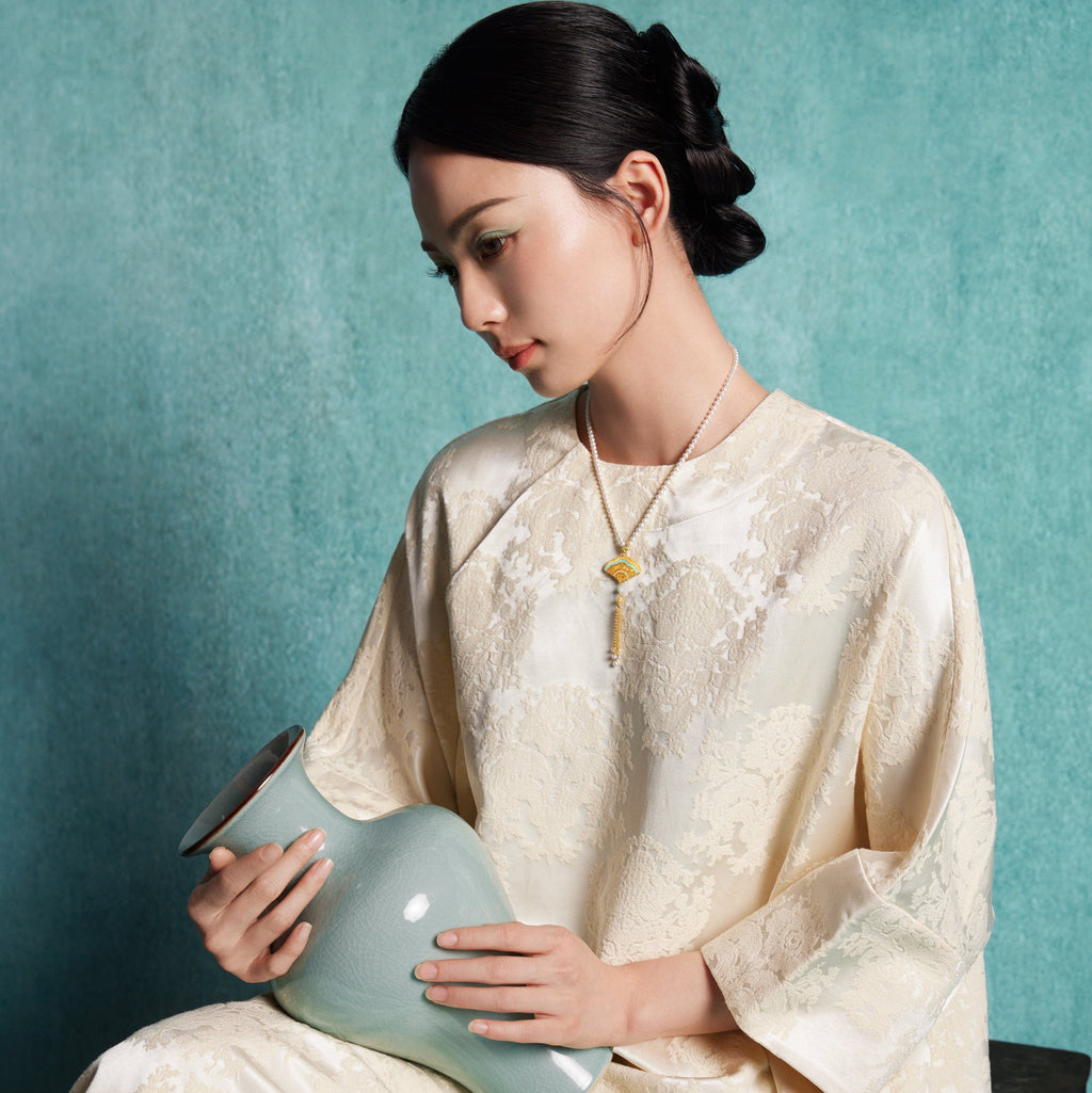 「中華文化珍藏 - 汝窯」24K金吊墜項鍊 珍珠3.5-4毫米 鑽石0.003-0.005毫米 3-3.5毫米 8.71-10.71克 X0648383