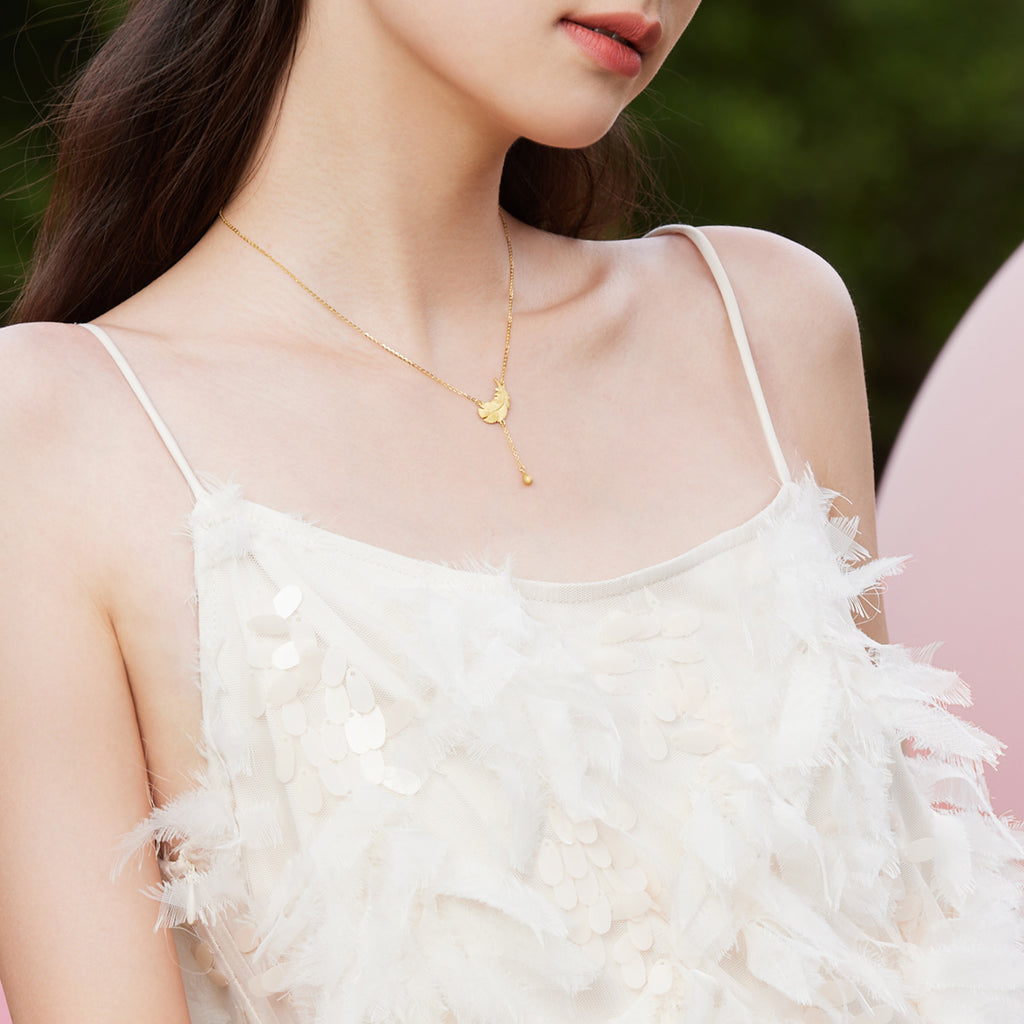"Fugitive Princess" 999 24K Gold Pendant Necklace Feather 4.6-5g A0612620