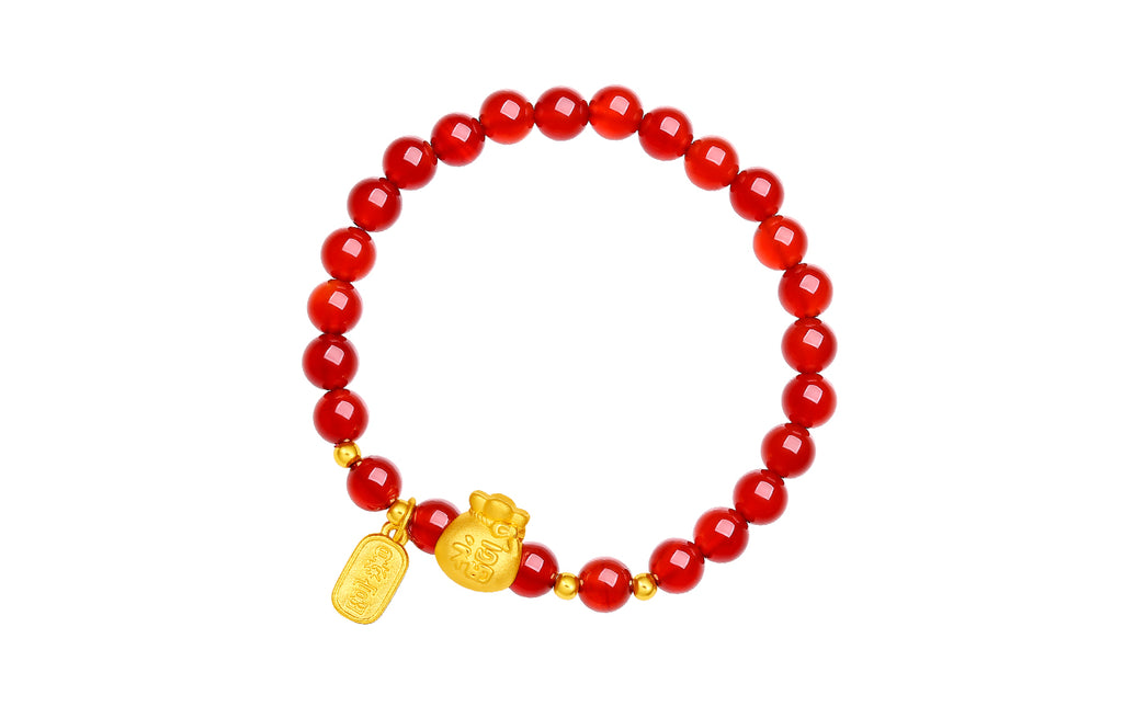 24K Gold Beaded Bracelet Agate 6-6.5mm Fortune Bag 1.4-1.7g A1910699