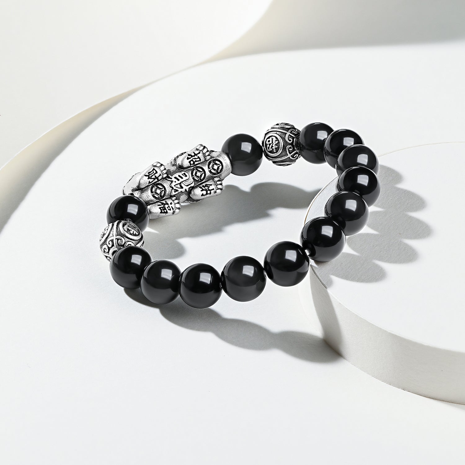 S925 Sterling Silver Beaded Bracelet Obsidian Pixiu 3.8-4.8g 18cm/20cm J1914054