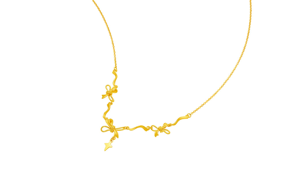 "Girl's Worries" 24K Gold Pendant Necklace Bow 5.38-6.58g A0615789