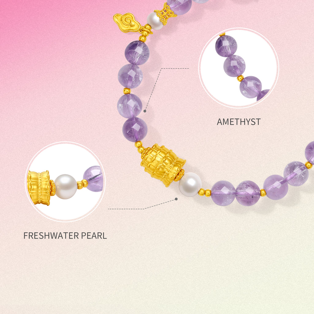 Jiuhua Mountain' 24K Gold Beaded Bracelet Amethyst Pearl Ksitigarbha's Implements J1915266