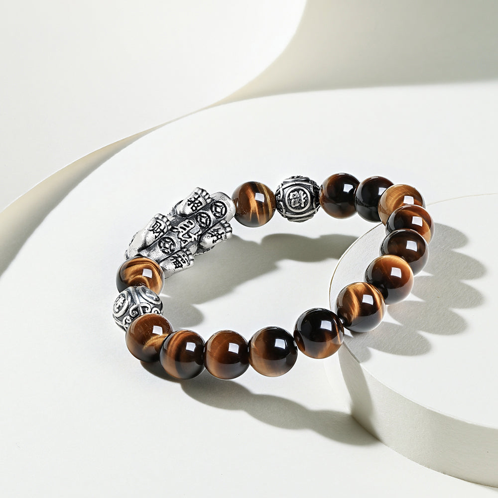 ZHOU LIU FU 925 Sterling Silver Pixiu Charm Bracelet Tiger's Eye Beaded Stretch Bracelet Feng Shui Jewelry Gift for Men 7.9"