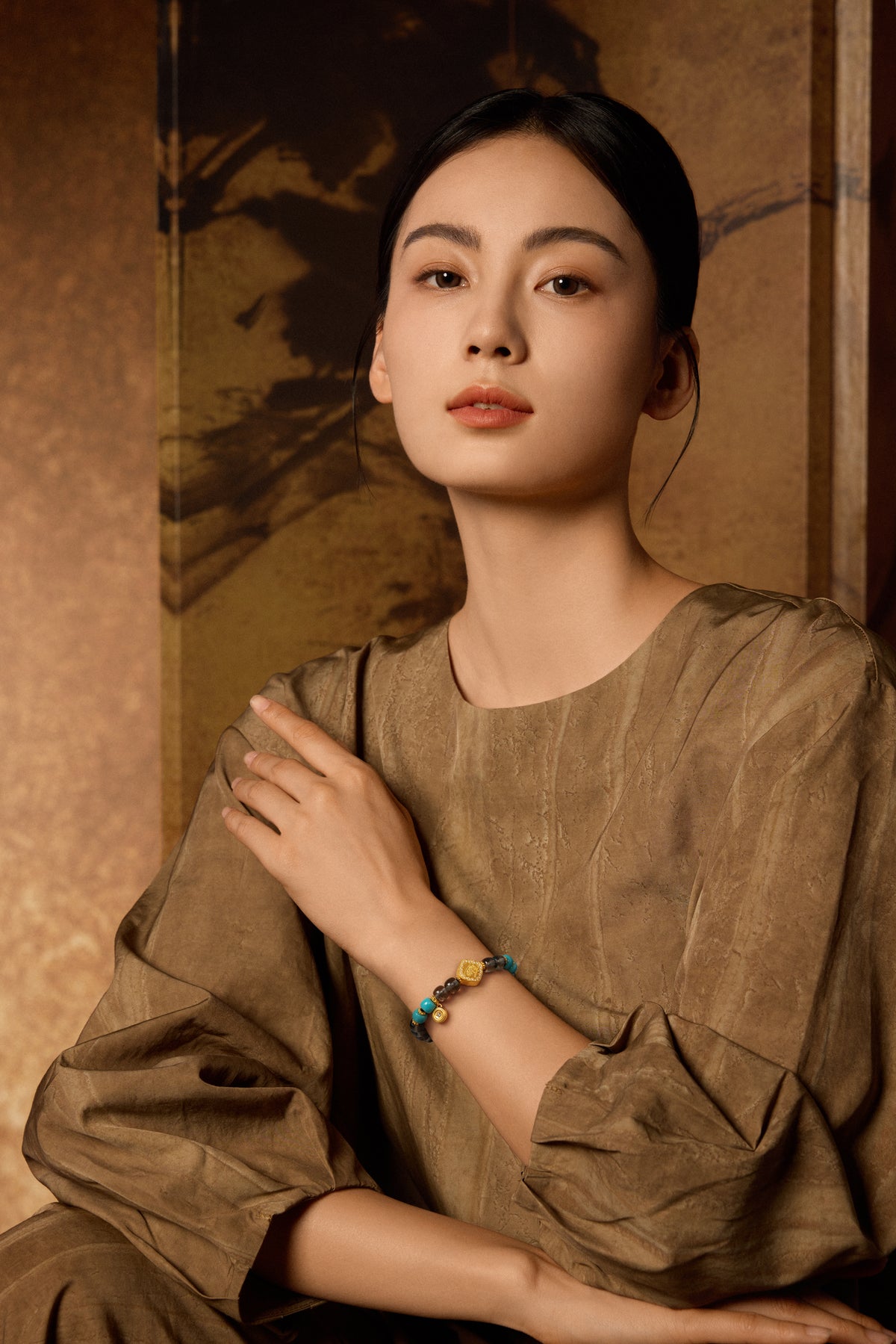 "Chinese Culture Collection - Dan Qing" 999 24K Gold Beaded Bracelet Crystal 6.9-7.4*6-6.5mm Diamond 0.0057ct Turquoise 5.5-8.5g J1950057