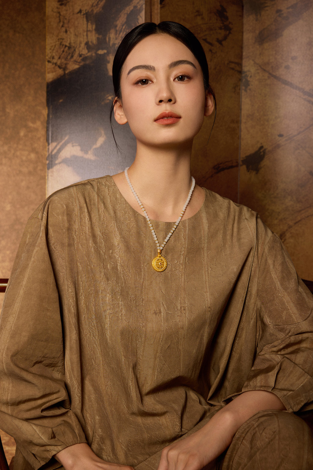 "Chinese Culture Collection - Dan Qing" 24K Gold Pendant Necklace Braided Rope Hetian Jade 5-5.5mm Diamond 0.0036ct Ruby 0.003ct 32.3-37.3g Y0636325