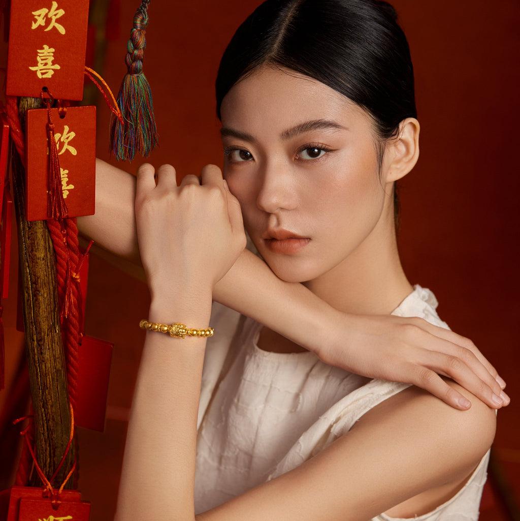 "Jiuhua Mountain" 24K Gold Beaded Bracelet Diamond Buddha Charm W1934750