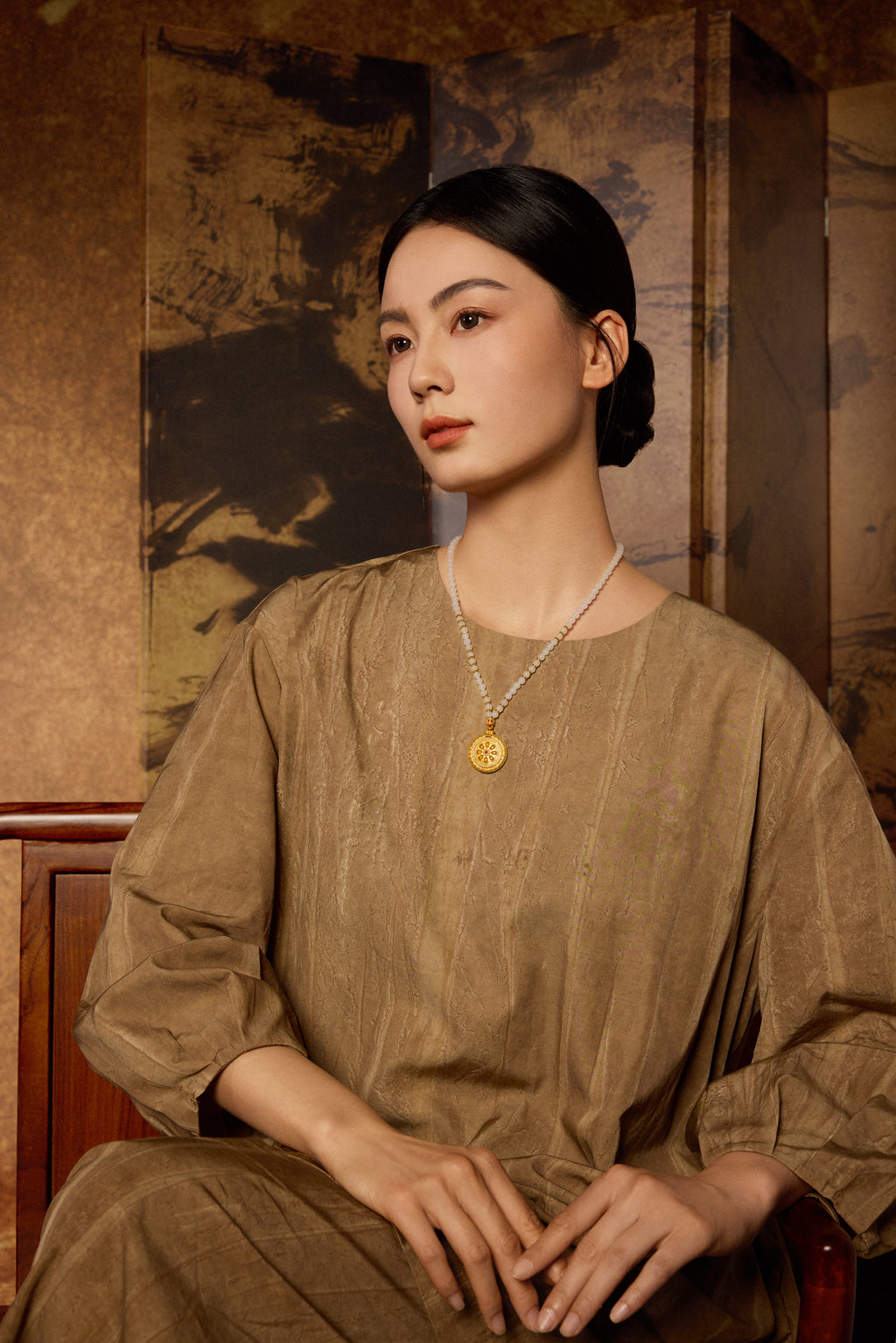 "Chinese Culture Collection - Dan Qing" 24K Gold Pendant Necklace Braided Rope Hetian Jade 5-5.5mm Diamond 0.0036ct Ruby 0.003ct 32.3-37.3g Y0636325
