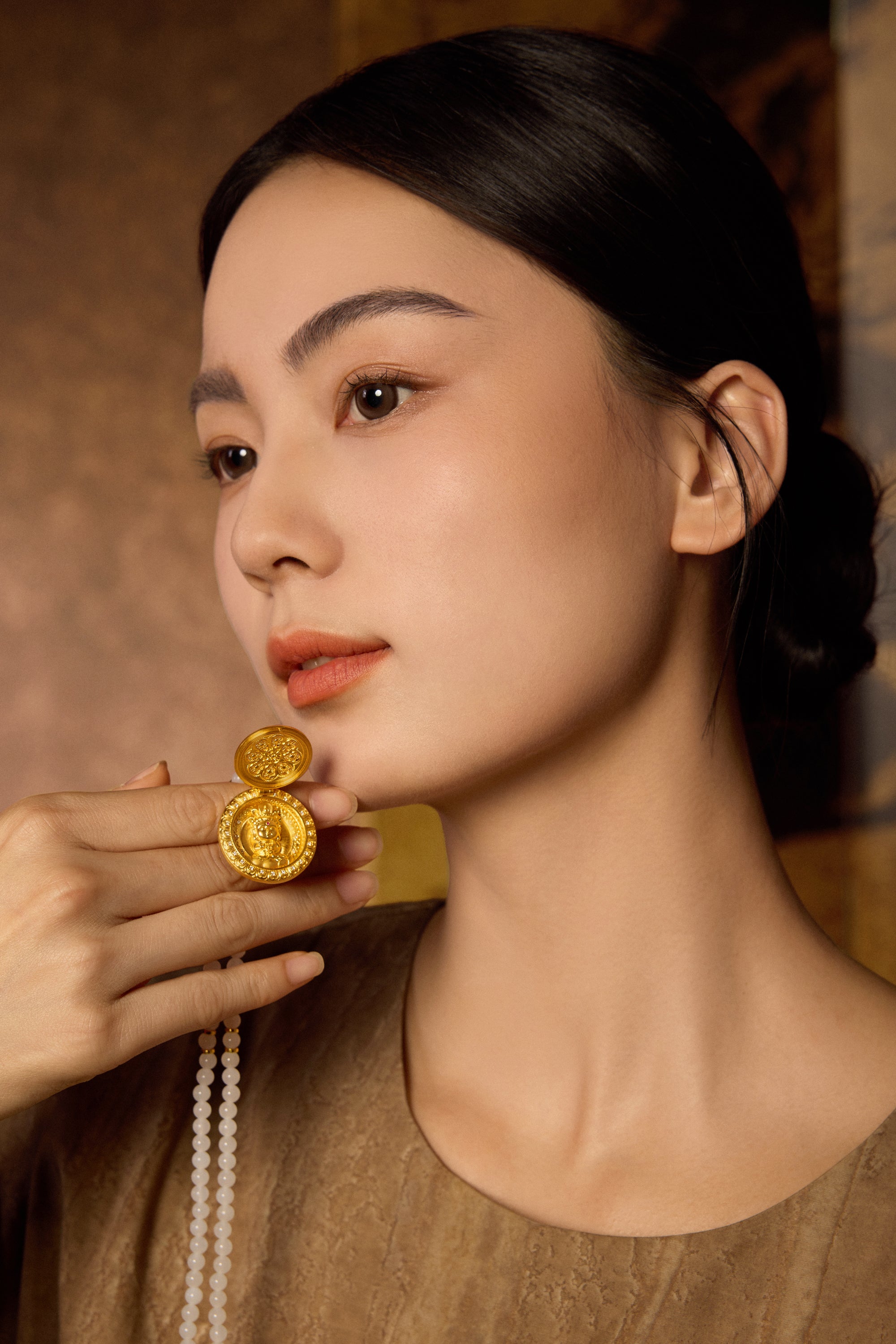 "Chinese Culture Collection - Dan Qing" 24K Gold Pendant Necklace Braided Rope Hetian Jade 5-5.5mm Diamond 0.0036ct Ruby 0.003ct 32.3-37.3g Y0636325