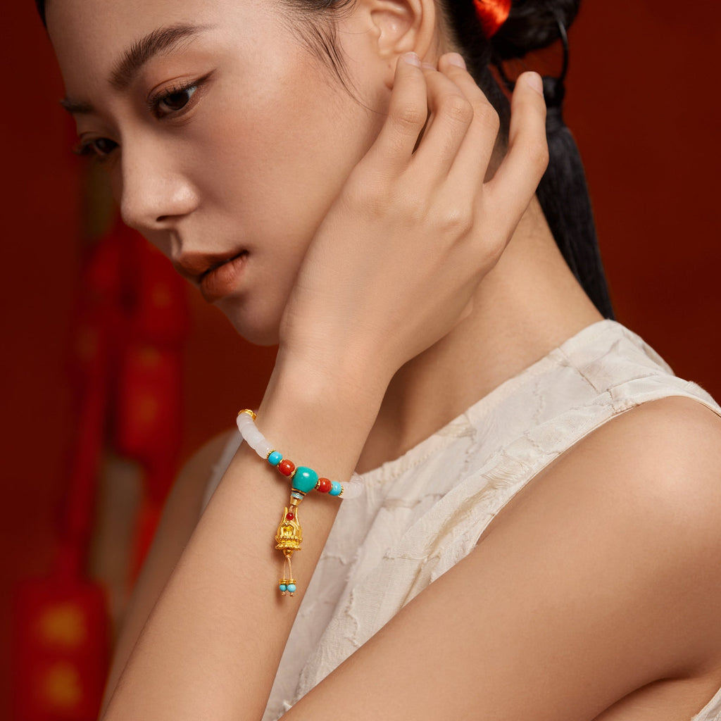Jiuhua Mountain' 24K Gold Beaded Bracelet Heitian Jade Agate Turquoise Ksitigarbha's Implements Y1915282