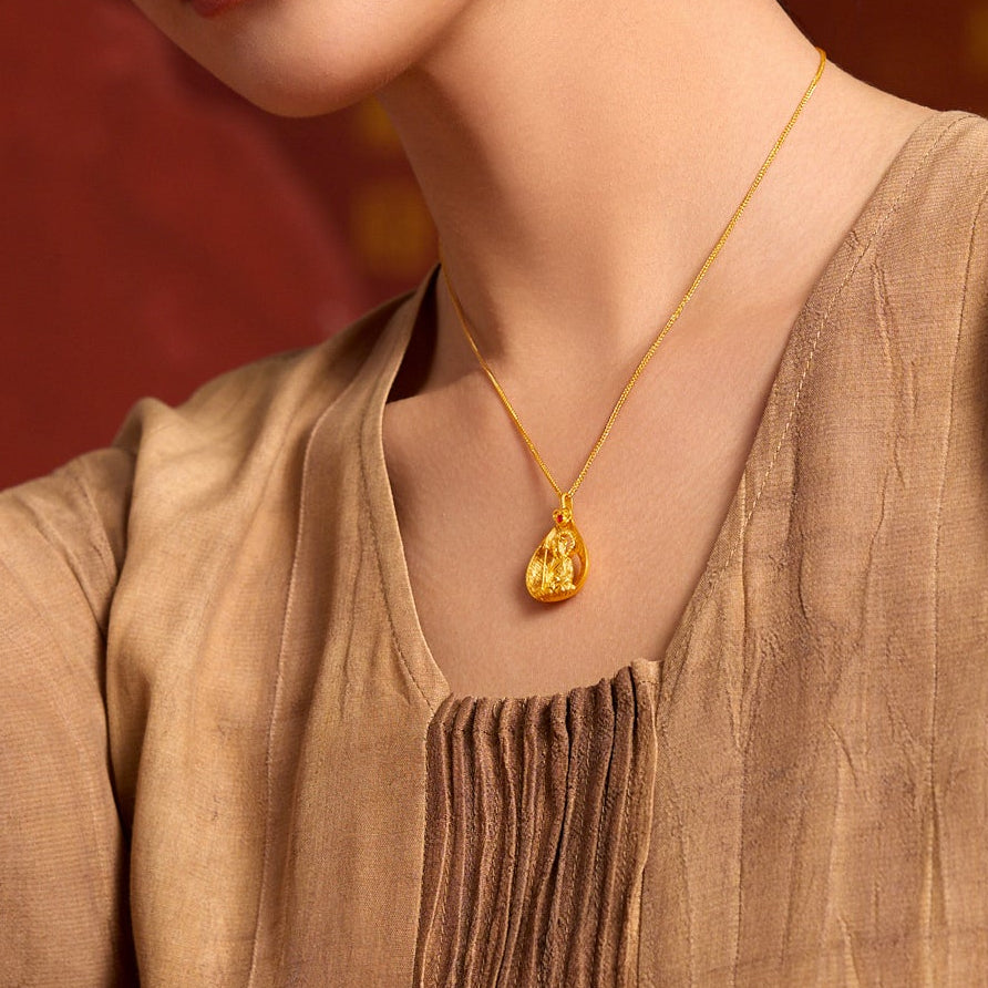 "Jiuhua Mountain" 999.9 24K Gold Pendant Necklace Ksitigarbha Bodhisattva A0615326