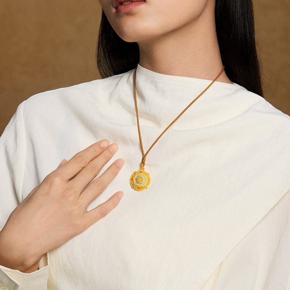 "Chinese Culture Collection - Woven Bamboo" 24K Gold Pendant Necklace Diamond 0.005ct Flora 12.84-14.84g W0423506