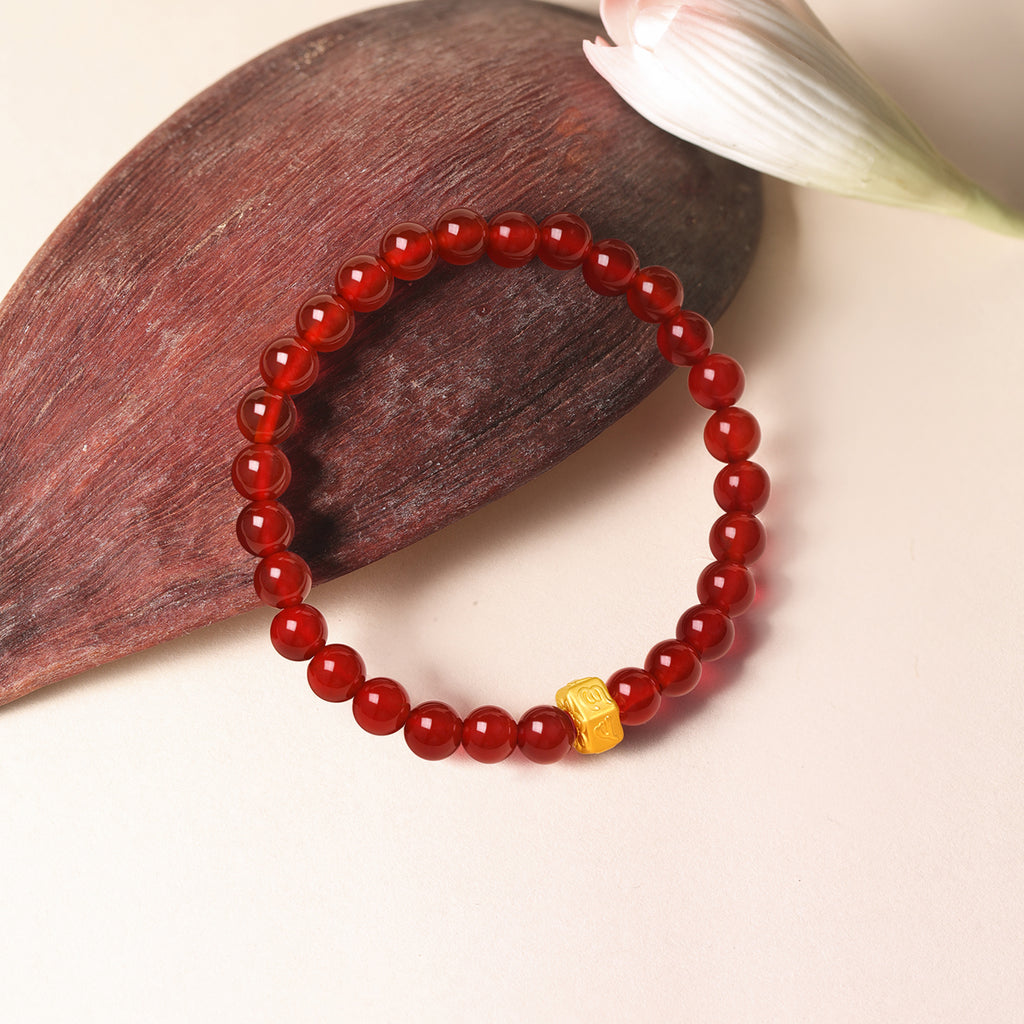 'Jiuhua Mountain' 24K Gold Beaded Bracelet Agate Buddhist Scripture 6-6.5mm 17cm A1914657