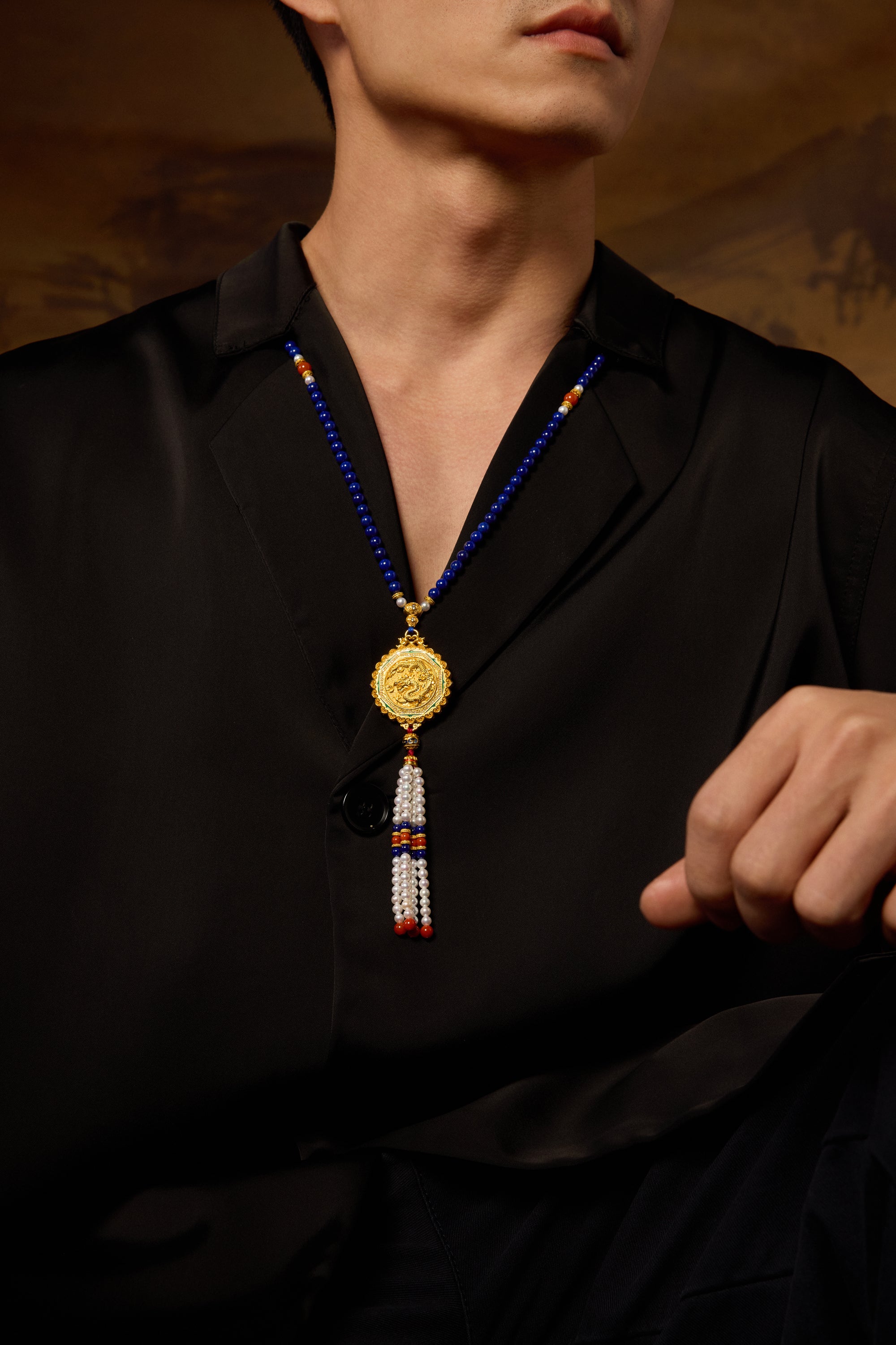 "Chinese Culture Collection - Dan Qing" 24K Gold Pendant Necklace Lapis Lazuli 3-5.5mm Diamond 0.05ct 4-10mm Dragons & Phoenixes 58-66g J0636332