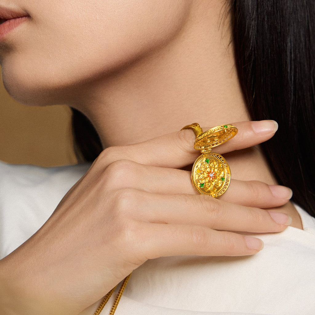 "Chinese Culture Collection - Woven Bamboo" 24K Gold Pendant Necklace Diamond Flora 20.36-22.36g W0423511