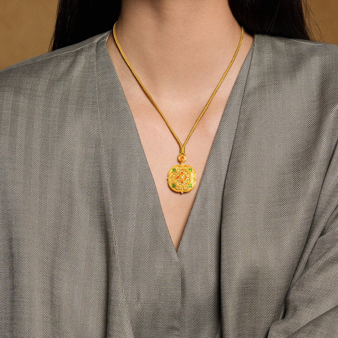 "Chinese Culture Collection - Woven Bamboo" 24K Gold Pendant Necklace Diamond 0.008ct Flora 13.38-15.38g W0423491
